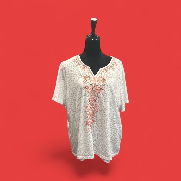 Alfred Dunner White Beaded Embroidered V-Neck Top 3X - Picture 1 of 6